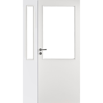 Дверь белая гладкая полуторная с прозрачным стеклом